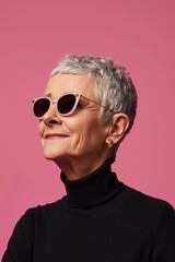 Fototapeta premium Confident and Stylish Mature Woman with Sunglasses Poses Against a Vibrant Pink Background