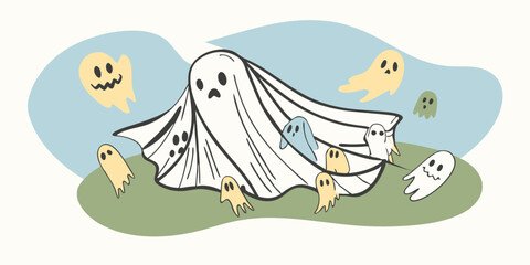 Spooky Minimalist  Line Art Of Giant Ghost Sheet with Hiding People 
