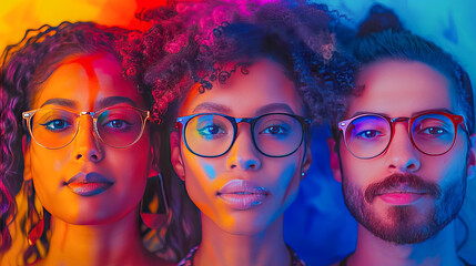 Obraz premium Multicultural team wearing glasses posing under colorful lights
