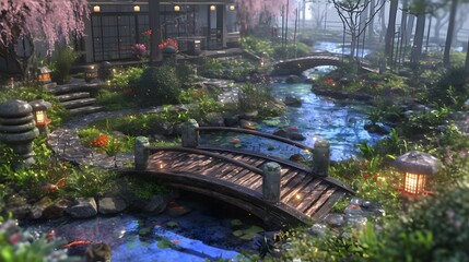 Japanese Zen Garden With Bridge And Stream.