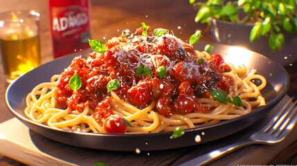 Delicious Spaghetti with Tomato Sauce and Basil.