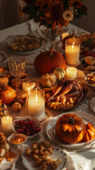 Thanksgiving feast layout with candles, pumpkins, and family dishes, elegant "Happy Thanksgiving" text, soft lighting, isolated on white background