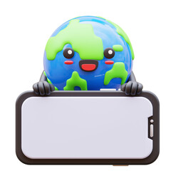 3D Earth character holding a blank phone horizontally, suitable for landscape mode app designs, tech promotions, or educational environmental presentations