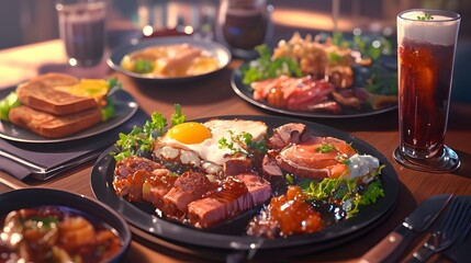 Fototapeta premium Delicious Breakfast with Fried Egg, Meat and Toast.