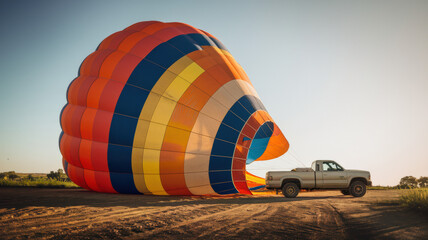 Obraz premium A photo of a colorful hot air balloon. The balloon is orange, blue, and yellow, and it is tied to a truck. The truck is parked on a dirt road. The sky is clear. The photo has a warm hue.