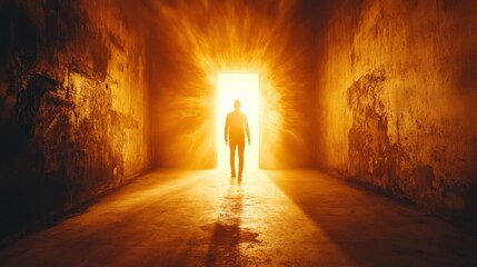 A man walks through a tunnel with a bright light shining on him