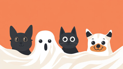 Cute animals in Halloween ghost costumes with white sheets create playful and festive atmosphere. This charming illustration features variety of pets, perfect for celebrating spooky season