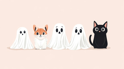 Obraz premium Cute animals in Halloween ghost costumes with white sheets create playful and whimsical scene. cat and ghostly figures evoke fun, festive spirit