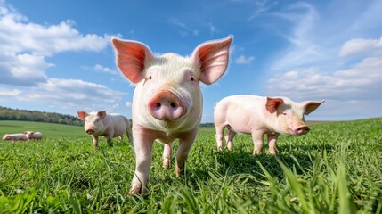 Pigs Grazing Freely in a Green Pasture, Explore the idyllic scene of pigs roaming freely in a lush, green pasture under a blue sky.