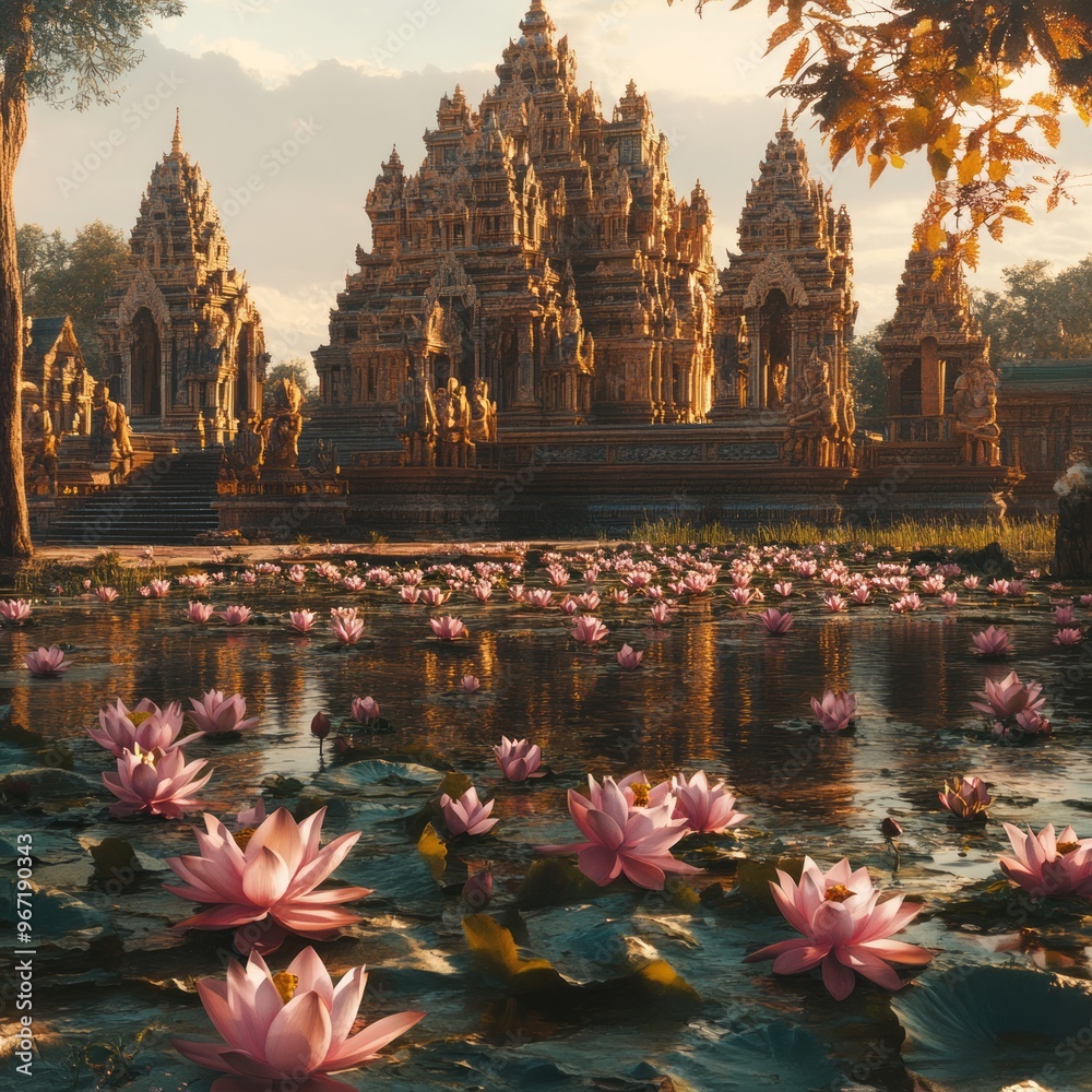 Poster Ancient temple with lotus pond and trees in front of it, with a golden sky in the background.