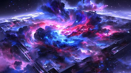Fototapeta premium Cosmic Nebula Swirling Above a Futuristic City.