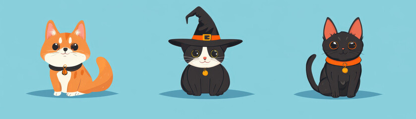 Cute pets in witch outfits for Halloween, featuring playful orange cat, black cat with witch hat, and charming black cat. Perfect for festive designs!