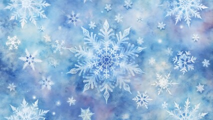Artistic watercolor background with snowflakes in blue tones for winter decor and celebrations