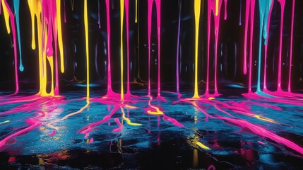 This artwork features vivid hues of pink and yellow dripping in a mesmerizing melting pattern on a glossy black background