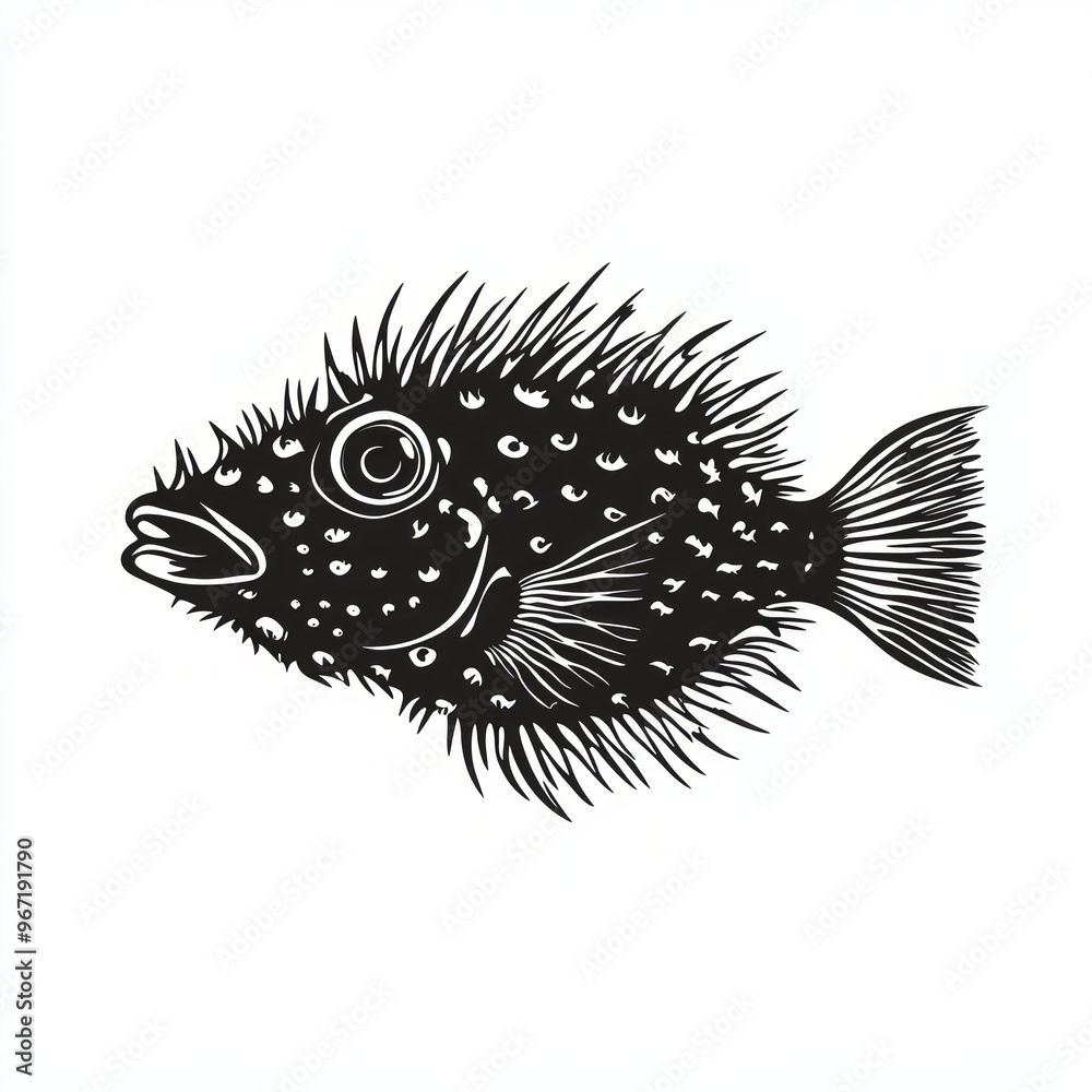 Poster Black and white illustration of a spiky fish with large eyes.