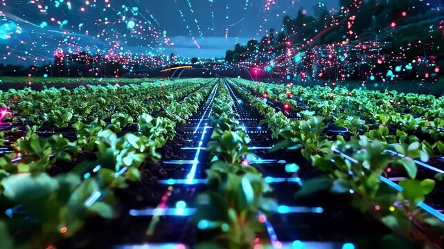 Crops flourish under night sky with futuristic data network hologram, blending agriculture and technology for sustainable growth