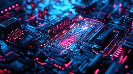 Fototapeta premium Circuit Board with Pink and Blue Neon Lights