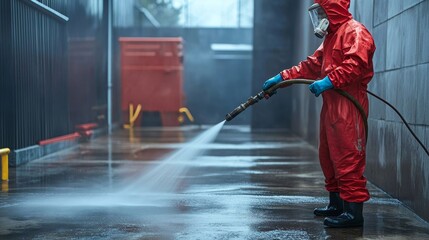 A worker in protective gear expertly directing a strong water jet at a dirty floor, grease and debris washing away in satisfying detail