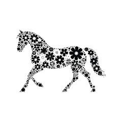 Horse made by simple flower drawing, black and white animal illustration