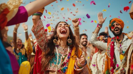 Group of people from diverse cultural backgrounds celebrating a festival together, wearing traditional attire.