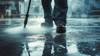 A worker power-washing a concrete floor, the high-pressure jet creating waves of dirt and water, revealing a pristine surface beneath, gritty realism