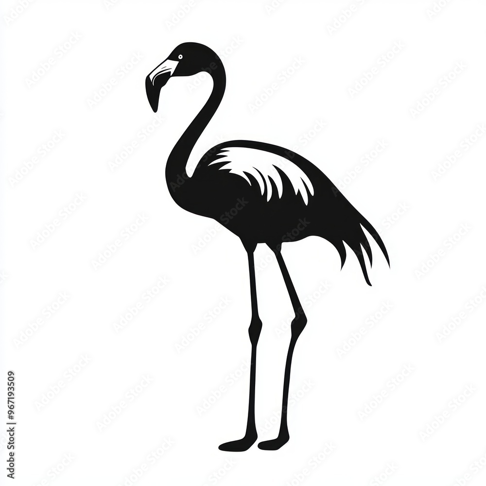 Poster Black and white silhouette of a flamingo standing on one leg.