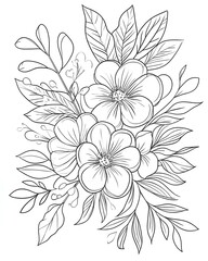 coloring page with a burst of flowers and leaves 