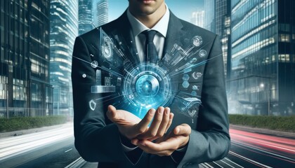 Businessman showcasing glowing digital globe in urban setting