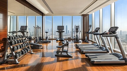 Large windows are offering natural light illuminating a modern gym equipped with treadmills, weights, and workout machines