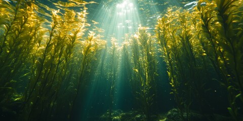 A Vibrant Kelp Forest Showcasing Tall Ecklonia Maxima Stalks Reaching Toward the Sunlight Filtering Through the Water