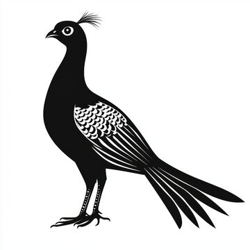 recommend clip art: Black and white silhouette of a peacock standing on a white background.