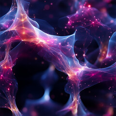 Surreal cosmic web pattern with interconnected glowing orbs, nebulous clouds, and delicate threads, ethereal and abstract 