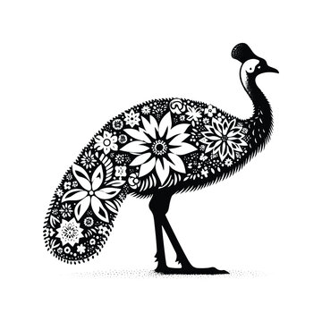 recommend clip art: Cassowary bird made by simple flower drawing, black and white animal illustration