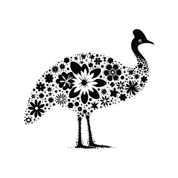 recommend clip art: Cassowary bird made by simple flower drawing, black and white animal illustration
