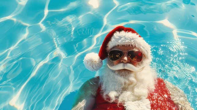 Santa Claus Relaxing in Pool with Sunglasses