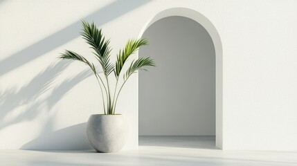Minimalist White Room with Palm Plant and Arched Doorway
