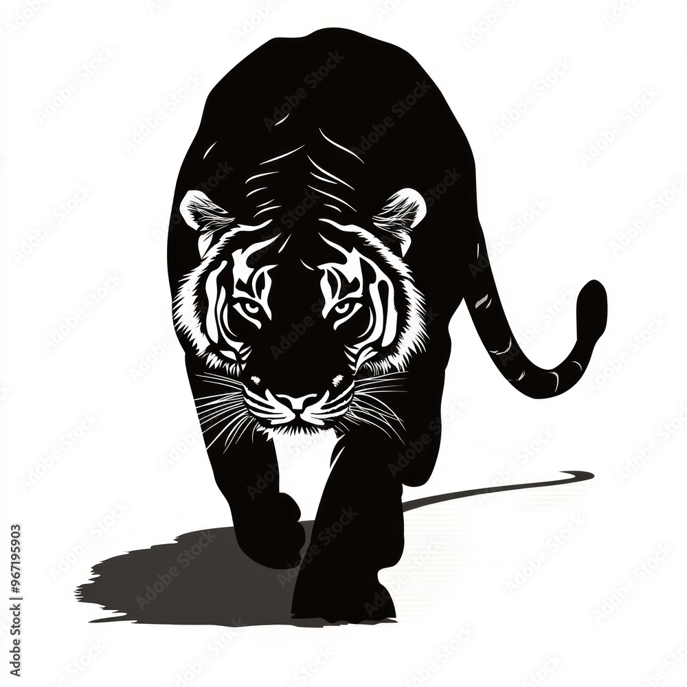 Poster Black and white silhouette of a tiger walking towards the viewer.