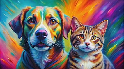 Fototapeta premium Colorful and vibrant painting of two pet friends, a dog and a cat , pets, animals, friendship, colorful, vibrant, painting