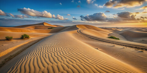 Naklejka premium Sandy track winding through undulating dunes, sand, track, winding, dunes, desert, landscape, nature, outdoors, adventure