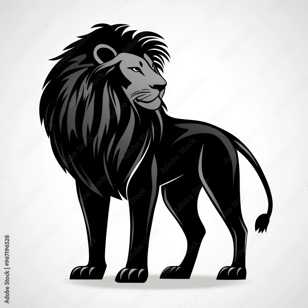 Poster Black lion with a long mane standing on a white background.