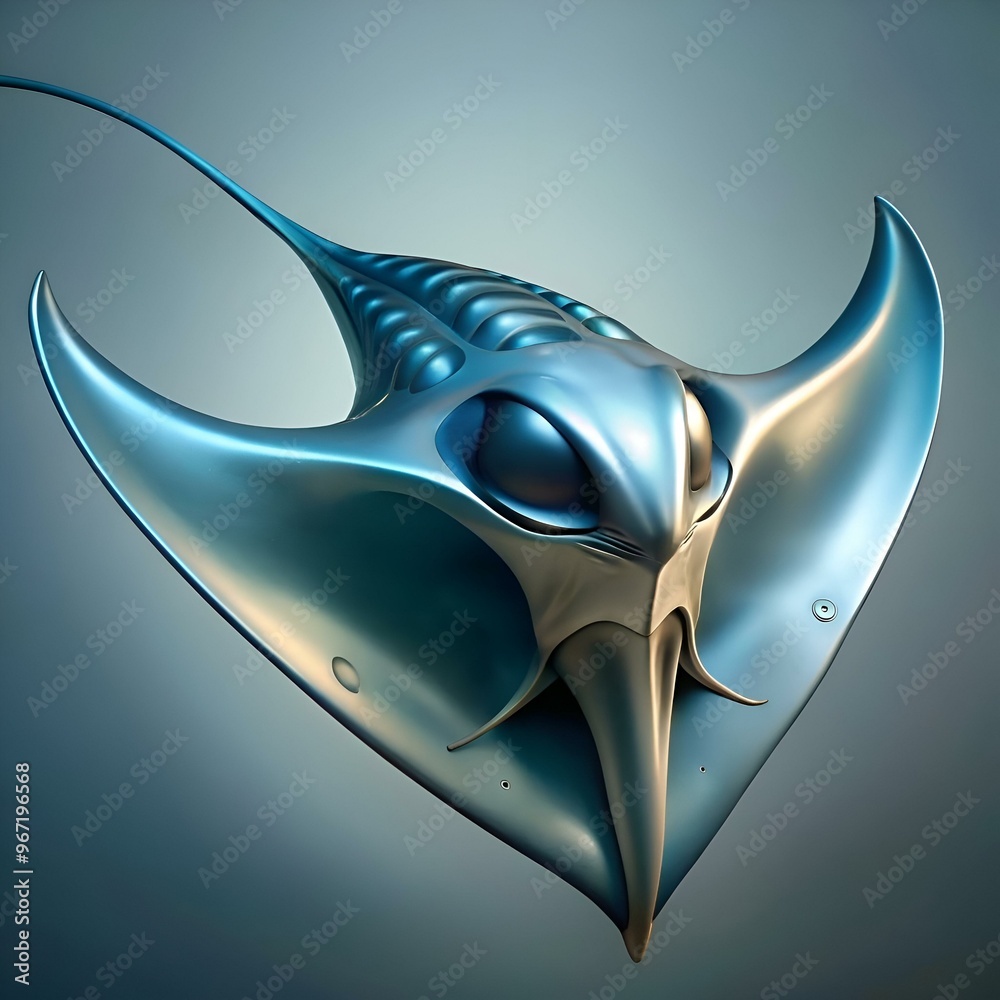 Poster A futuristic 3D rendering of a manta ray. rendered in a sleek metallic blue.