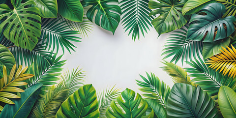 Naklejka premium Frame filled with vibrant tropical leaves, tropical, leaves, frame, green, fresh, foliage, botanical, background, nature