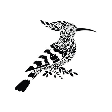 recommend clip art: Hoopoe bird made by simple flower drawing, black and white animal illustration