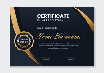 Obraz premium luxury dark blue and gold certificate template with award badge