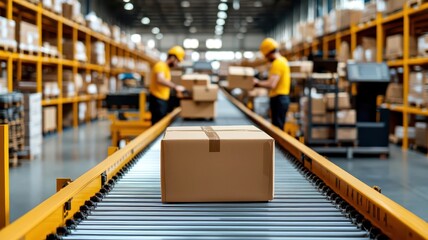 A busy warehouse with conveyor belts, packaging machines, and workers efficiently handling orders, ecommerce logistics, fulfillment center