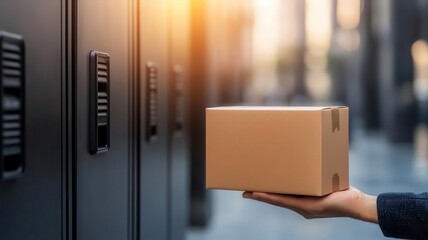 Customer receiving a package through a smart delivery locker in an urban environment, automated delivery, smart logistics