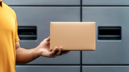 Customer receiving a package through a smart delivery locker in an urban environment, automated delivery, smart logistics