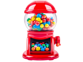 a red bubble gum machine with colorful balls inside