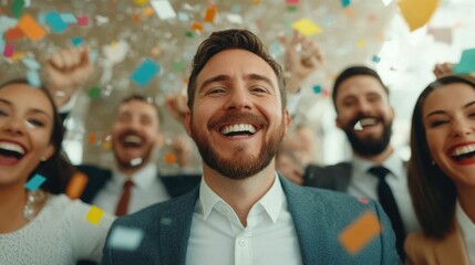 A group of enthusiastic business professionals celebrating their team s exceptional performance and successful quarterly growth report in a positive upbeat atmosphere at the office