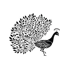 Peacock bird made by simple botanical drawing, black and white animal illustration
